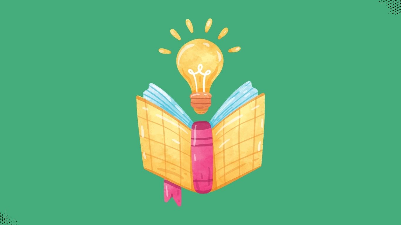 Green background. Infort there is a yellow book and above is a lightbulb flashing.