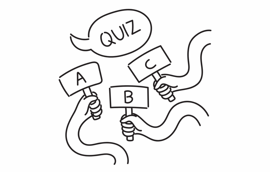 Oblak, kjer piše notri QUIZ. Pod oblakom so tri animirane roke z mikrofoni.