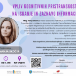 grafika za zadnje letošnje srečanje. Na grafiki je datum, ura in lokacija srečanja, fotografija predavateljice Manje Skočir in opis tematike posveta.