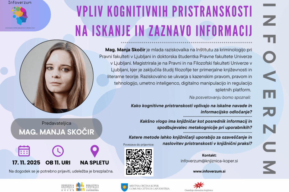 grafika za zadnje letošnje srečanje. Na grafiki je datum, ura in lokacija srečanja, fotografija predavateljice Manje Skočir in opis tematike posveta.